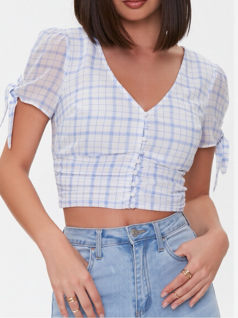 Forever 21 White and Light Blue Plaid V-Neck Button Crop Top Blouse